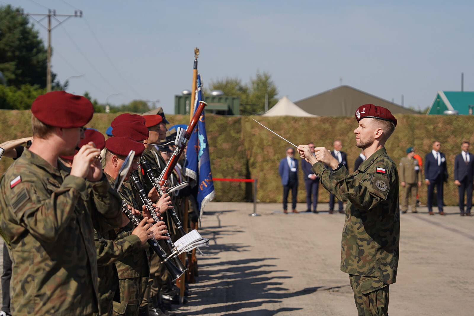 White and red badges on the shoulder. Students of uniformed classes ...